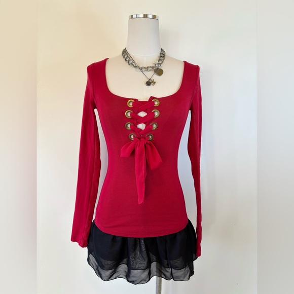 Tops - Free People Red Lace Up Y2K Twilight Bella Sean Henley Top